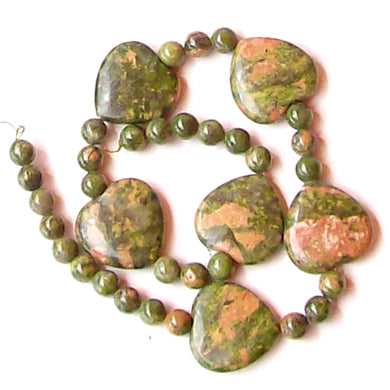 Semi-precious Unakite 20mm heart & 6mm round genuine natural stone - 7 beads