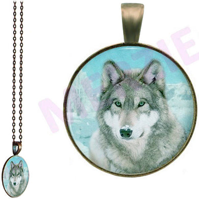Bronze glass dome Wolf Head grey gray wild animal round pendant & lobster clasp chain