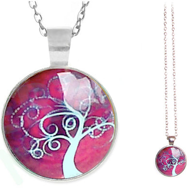 Silver glass dome Tree of Life burgundy pink round pendant & lobster clasp chain
