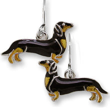 Load image into Gallery viewer, Artisan earrings ZARAH silver DACHSHUND hand painted ZARLITE dangles