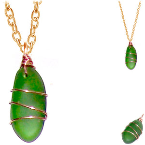 Artisan COPPER wire-wrapped Sea Glass pendant GREEN dark | 18