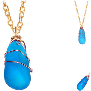 Artisan COPPER wire-wrapped Sea Glass pendant TURQUOISE blue | 18