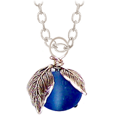 01 Artisan silver necklace Sea Glass wire-wrapped cultured Sapphire 12mm bead leaf cap 20mm pendant chain