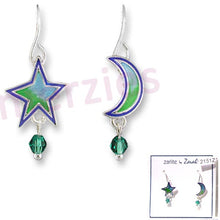 Load image into Gallery viewer, Artisan earrings ZARAH silver STAR HALF MOON 3mm crystals hand painted ZARLITE dangles