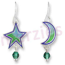 Load image into Gallery viewer, Artisan earrings ZARAH silver STAR HALF MOON 3mm crystals hand painted ZARLITE dangles