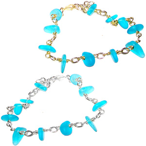 01 Artisan gold/silver twisted wire links, cultured sea glass small nugget beads bracelet | aka, beach tumbled | Blue