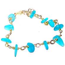 Load image into Gallery viewer, 01 Artisan gold/silver twisted wire links, cultured sea glass small nugget beads bracelet | aka, beach tumbled | Blue