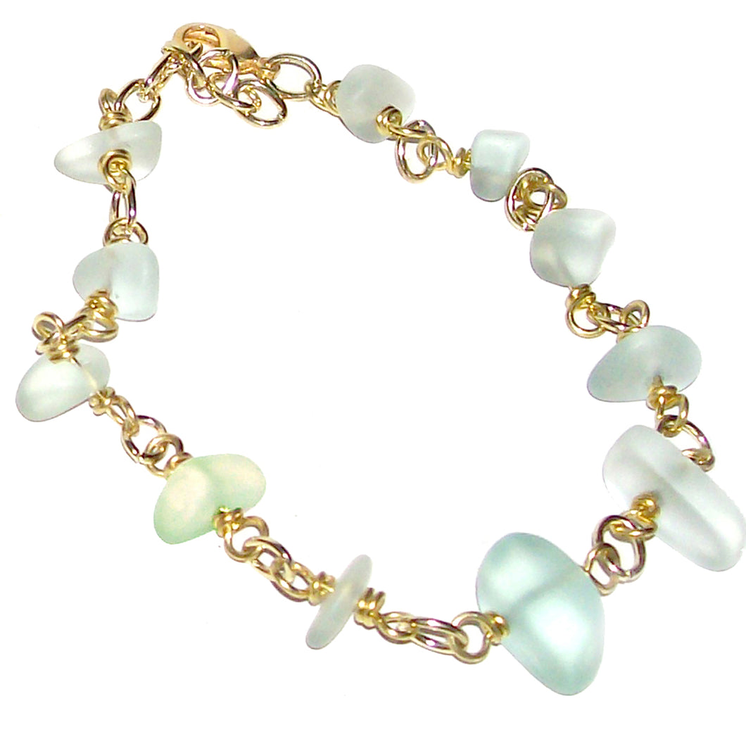 01 Artisan gold/silver twisted wire links, cultured sea glass small nugget beads bracelet | aka, beach tumbled | light Green