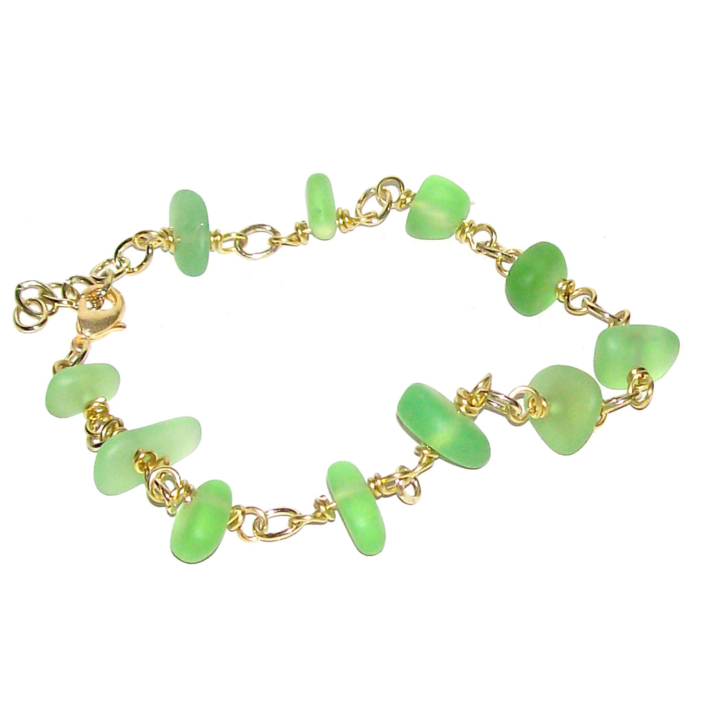 01 Artisan gold twisted wire links, cultured sea glass small nugget beads bracelet | aka, beach tumbled | Green