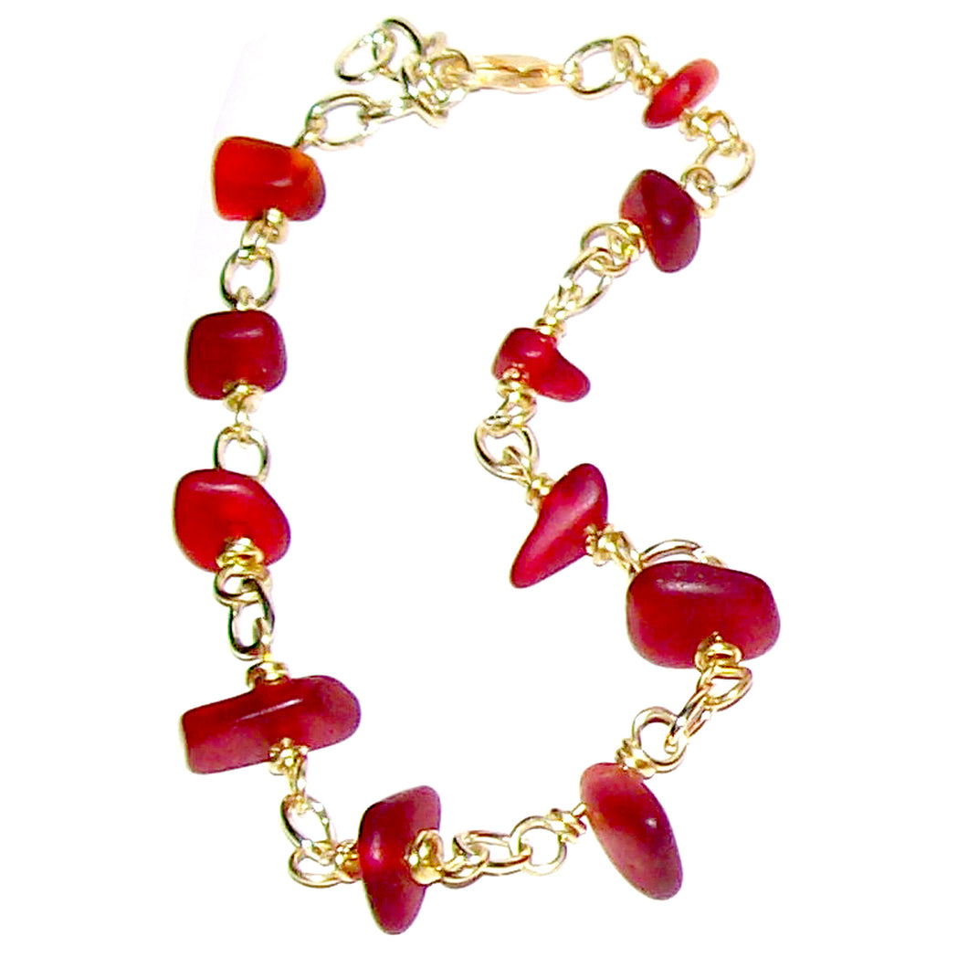 01 Artisan gold/silver twisted wire links, cultured sea glass small nugget beads bracelet | aka, beach tumbled | Red