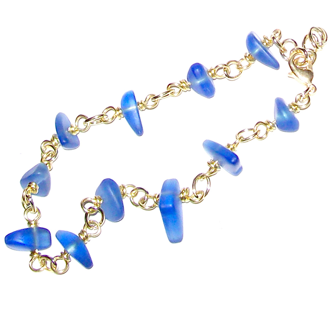 01 Artisan gold/si;ver twisted wire links, cultured sea glass small nugget beads bracelet | aka, beach tumbled | Sapphire Blue