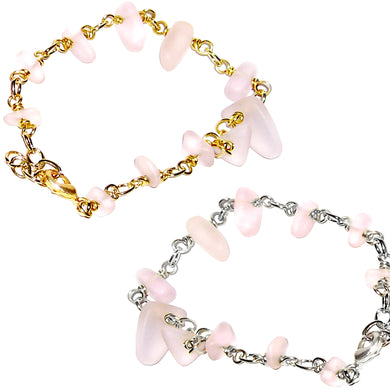 01 Artisan gold/silver twisted wire links, cultured sea glass small nugget beads bracelet | aka, beach tumbled | Pink