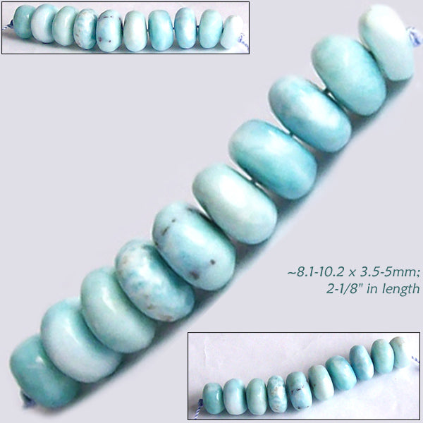 Rare Larimar 10 Dominican Republic ~8.1-10.2 x 3.5-5mm Caribbean blue white stone rondelle beads set #2
