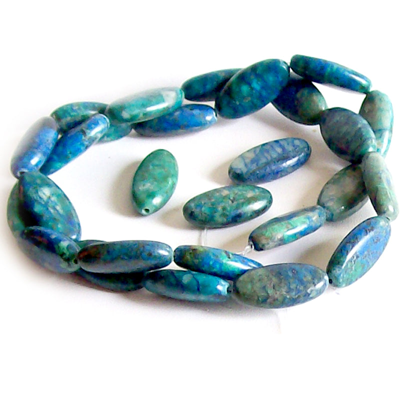 Rare Azurite elongated 16x9mm blue green calming colors stone - 3 beads
