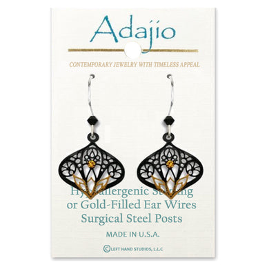 Artisan earrings ADAJIO sterling black Lotus Flower & cz handmade silver dangle