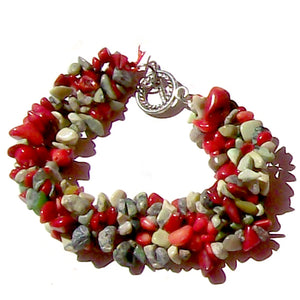 Artisan stone chip beads bracelet yellow turquoise jasper red coral & serpetine weaved strung silver metal toggle bracelet