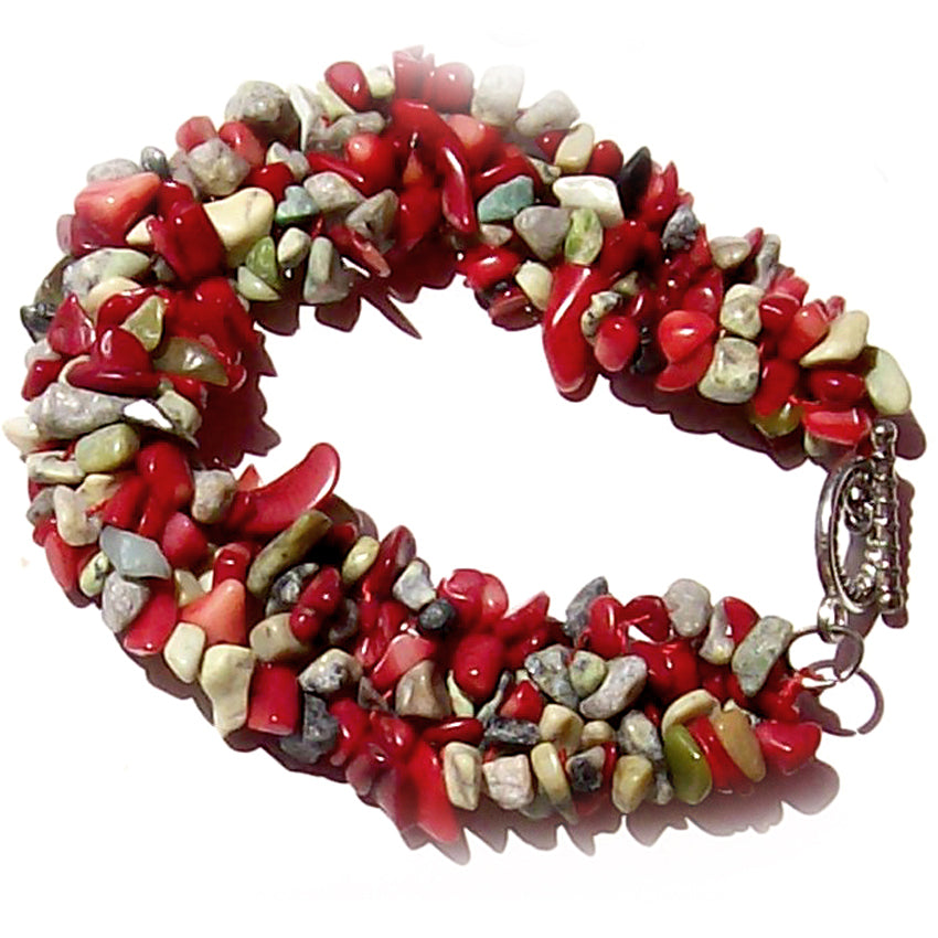Artisan stone chip beads bracelet yellow turquoise jasper red coral & serpetine weaved strung silver metal toggle bracelet