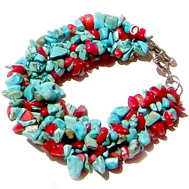 Artisan stone chip beads bracelet Turquoise Blue stabilized Red Coral weaved strung silver metal toggle bracelet