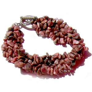 Artisan stone chip beads bracelet Rhodonite weaved strung silver metal toggle bracelet