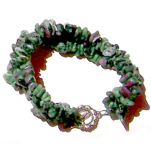 Artisan stone chip beads bracelet Ruby in Zoisite weaved strung silver metal toggle bracelet