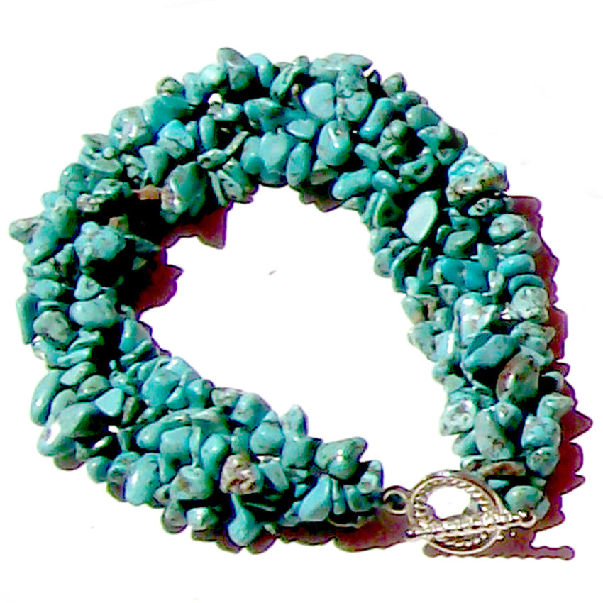 Artisan stone chip beads bracelet Turquoise Blue stabilized weaved strung silver metal toggle bracelet