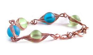 Artisan bracelet antiqued copper cultured SEA GLASS wire-wrapped . 10mm round beads & hook clasp - green & blue