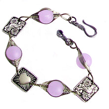 Load image into Gallery viewer, Artisan art bracelet gun metal cultured SEA GLASS wire-wrapped . 10mm round, 8x8mm square pewter flat detailed beads &amp; hook clasp - lavender pink