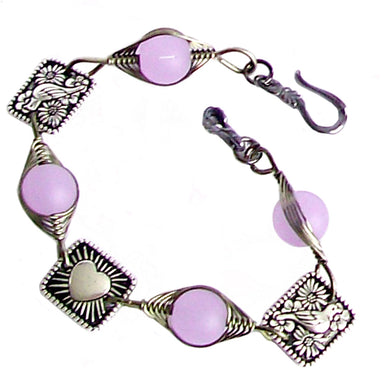 Artisan art bracelet gun metal cultured SEA GLASS wire-wrapped . 10mm round, 8x8mm square pewter flat detailed beads & hook clasp - lavender pink