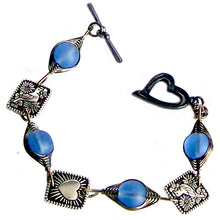 Load image into Gallery viewer, Artisan bracelet gun metal cultured SEA GLASS wire-wrapped 10mm round, 8x8mm square pewter flat detailed beads &amp; heart toggle clasp - sapphire