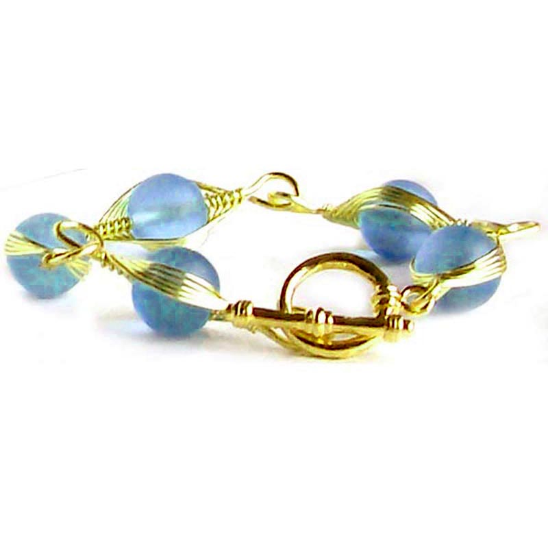 Artisan bracelet gold cultured SEA GLASS wire-wrapped non-tarnish 10mm round beads & toggle clasp - sapphire