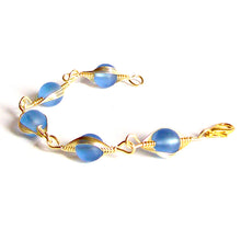 Load image into Gallery viewer, Artisan bracelet gold cultured SEA GLASS wire-wrapped non-tarnish 10mm round beads &amp; toggle clasp - sapphire