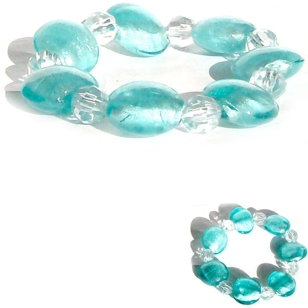 Costume bracelet elastic Aqua lampwork glass & clear crystal beads stretch