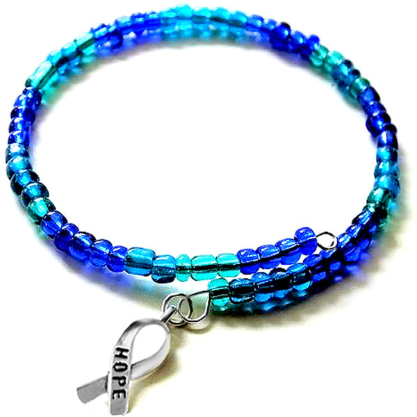 Artisan Memory Wire Blue Teal Bracelet, Hope Ribbon dangle, glass seed 6/0 beads