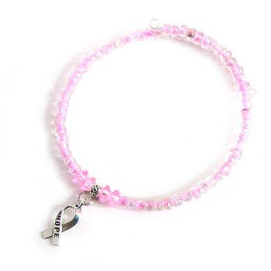 Artisan Memory Wire BREAST CANCER AWARENESS Bracelet, Hope Ribbon dangle, glass seed 6/0 beads