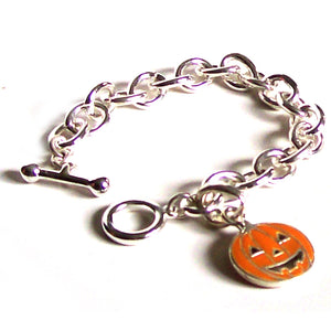 Silver enamel HALLOWEEN oval link toggle clasp with pumpkin dangle bracelet