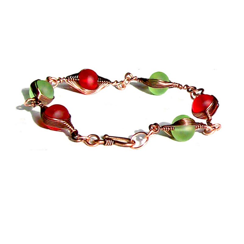 Artisan bracelet antiqued copper cultured SEA GLASS wire-wrapped 10mm round beads & hook clasp - green & red