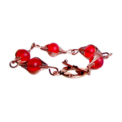 Artisan bracelet antiqued copper cultured SEA GLASS wire-wrapped non-tarnish 10mm round beads & toggle clasp - red