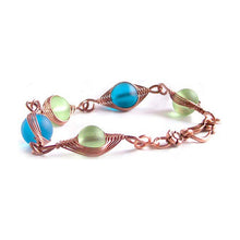 Load image into Gallery viewer, Artisan bracelet antiqued copper cultured SEA GLASS wire-wrapped . 10mm round beads &amp; hook clasp - green &amp; blue
