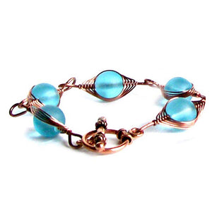 Artisan bracelet antiqued copper cultured SEA GLASS wire-wrapped non-tarnish 10mm round beads & toggle clasp - blue