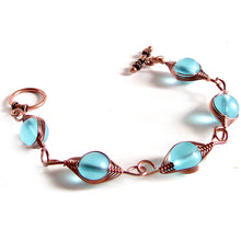 Load image into Gallery viewer, Artisan bracelet antiqued copper cultured SEA GLASS wire-wrapped non-tarnish 10mm round beads &amp; toggle clasp - blue