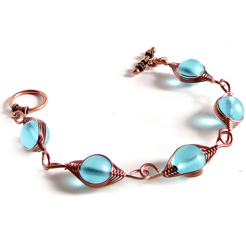 Artisan bracelet antiqued copper cultured SEA GLASS wire-wrapped non-tarnish 10mm round beads & toggle clasp - blue