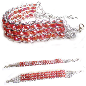 Fashion bracelet ~4-3/4 x 3/8" of Red AB crystals beads ~2-3/8" silver metal links lobster clasp plus 1-1/2" extender