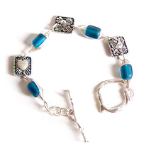 Load image into Gallery viewer, Artisan bracelet silver cultured SEA GLASS wire-wrapped barrel plated toggle clasp - teal