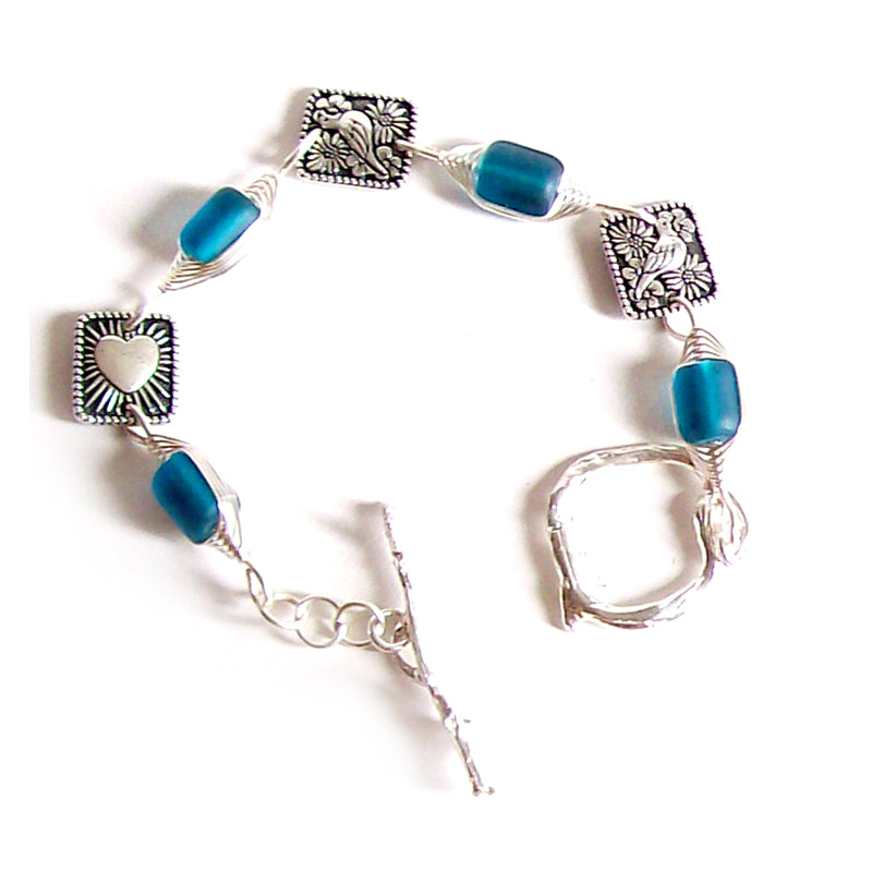Artisan bracelet silver cultured SEA GLASS wire-wrapped barrel plated toggle clasp - teal