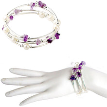 Load image into Gallery viewer, Memory wire bracelet Amethyst chip stone faux pearl beads 18mm SNAP button base dangle bracelet
