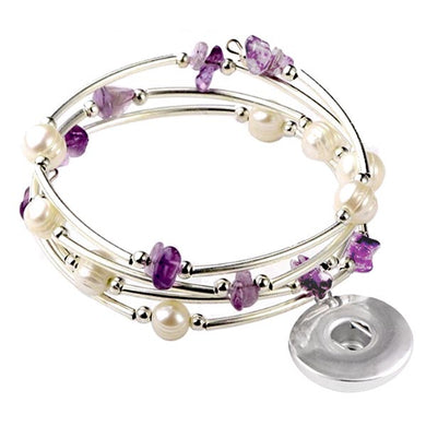 Memory wire bracelet Amethyst chip stone faux pearl beads 18mm SNAP button base dangle bracelet