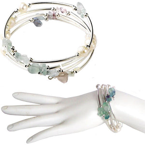 Snap button bracelet base dangle memory wire Fluorite chip stone faux pearl beads 18mm