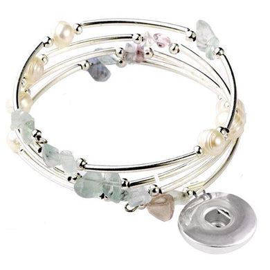 Snap button bracelet base dangle memory wire Fluorite chip stone faux pearl beads 18mm