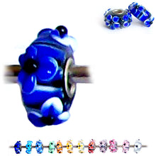 Load image into Gallery viewer, European 1 silver Lampwork Glass &amp; silver raised FLOWER BLUE dark floral large hole bead