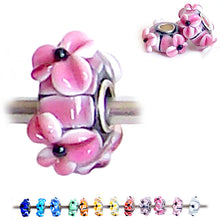 Load image into Gallery viewer, European 1 silver Lampwork Glass &amp; silver raised FLOWER PINK floral large hole bead